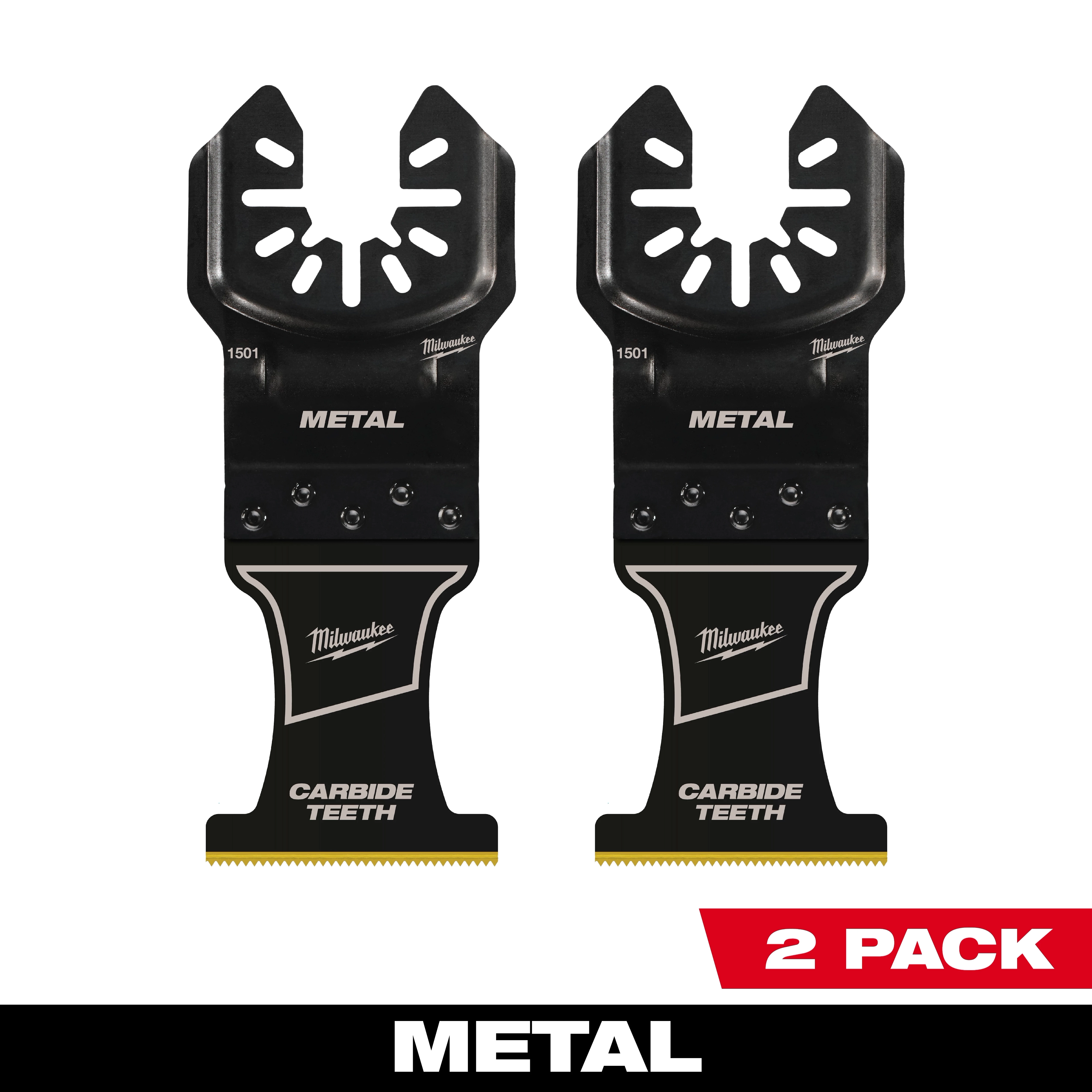 Milwaukee Open-Lok 1-3/8" Carbide Teeth Metal Multi-Tool Blade 2PK showing two black blades with a metal cutting edge.