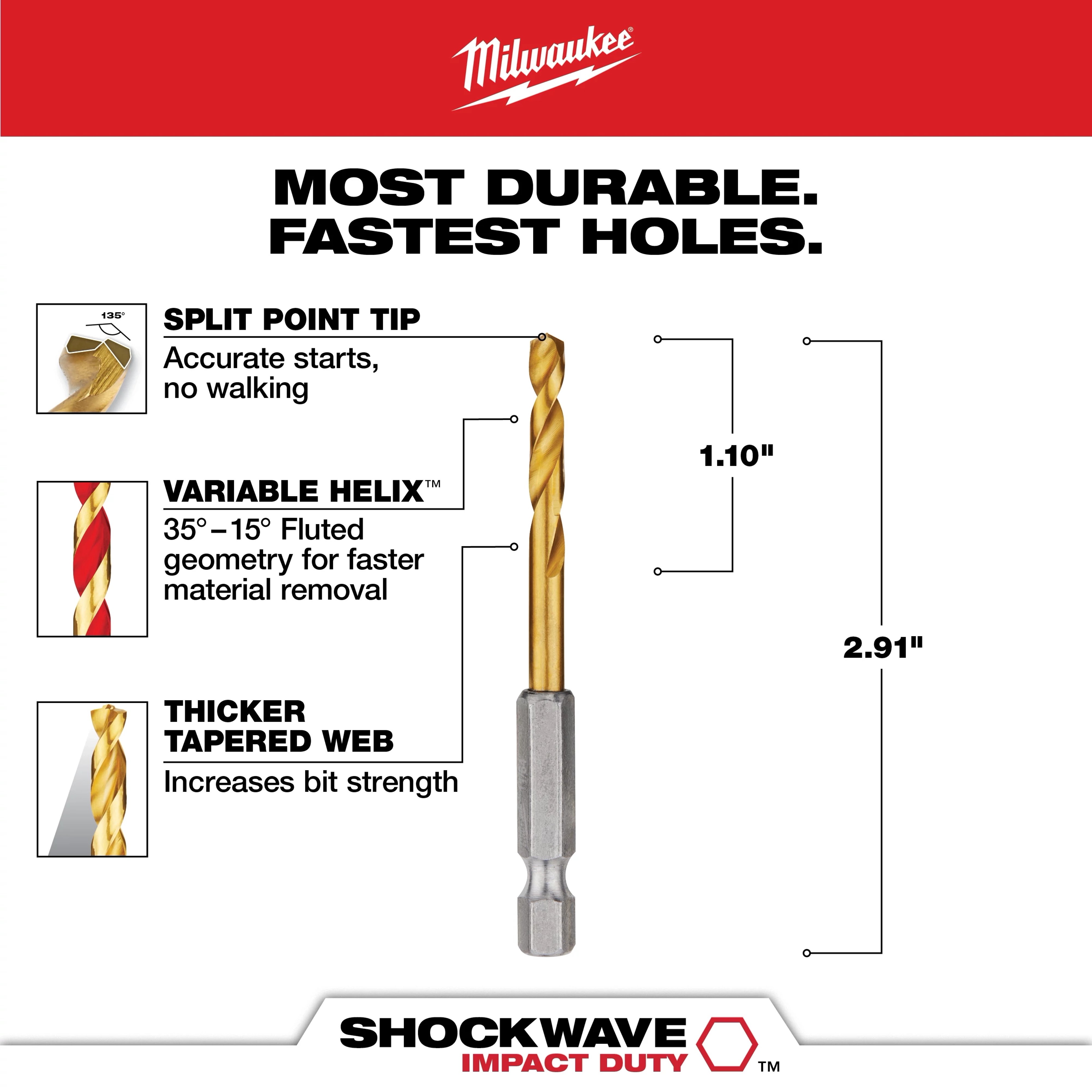 The SHOCKWAVE 11/64 in. Titanium Twist Drill Bit features a split point tip for accurate starts, a variable helix for faster material removal, and a thicker tapered web for increased strength. It is 2.91 inches long with 1.10 inches of titanium coating.