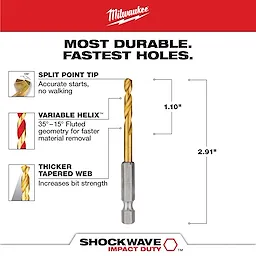 The SHOCKWAVE 11/64 in. Titanium Twist Drill Bit features a split point tip for accurate starts, a variable helix for faster material removal, and a thicker tapered web for increased strength. It is 2.91 inches long with 1.10 inches of titanium coating.