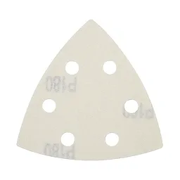 Milwaukee OMT Blades 180 Grit Sandpaper (6 pack) featuring a triangular design with six holes for dust collection.