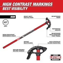 1/2" Iron Conduit Bender Walkaround with high contrast markings, reinforced hook, reference angles, and multi-position foot pedal.