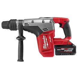 The M18 FUEL™ 1-9/16" SDS Max Rotary Hammer features a red and black design with a side handle and a black M18 REDLITHIUM battery pack.