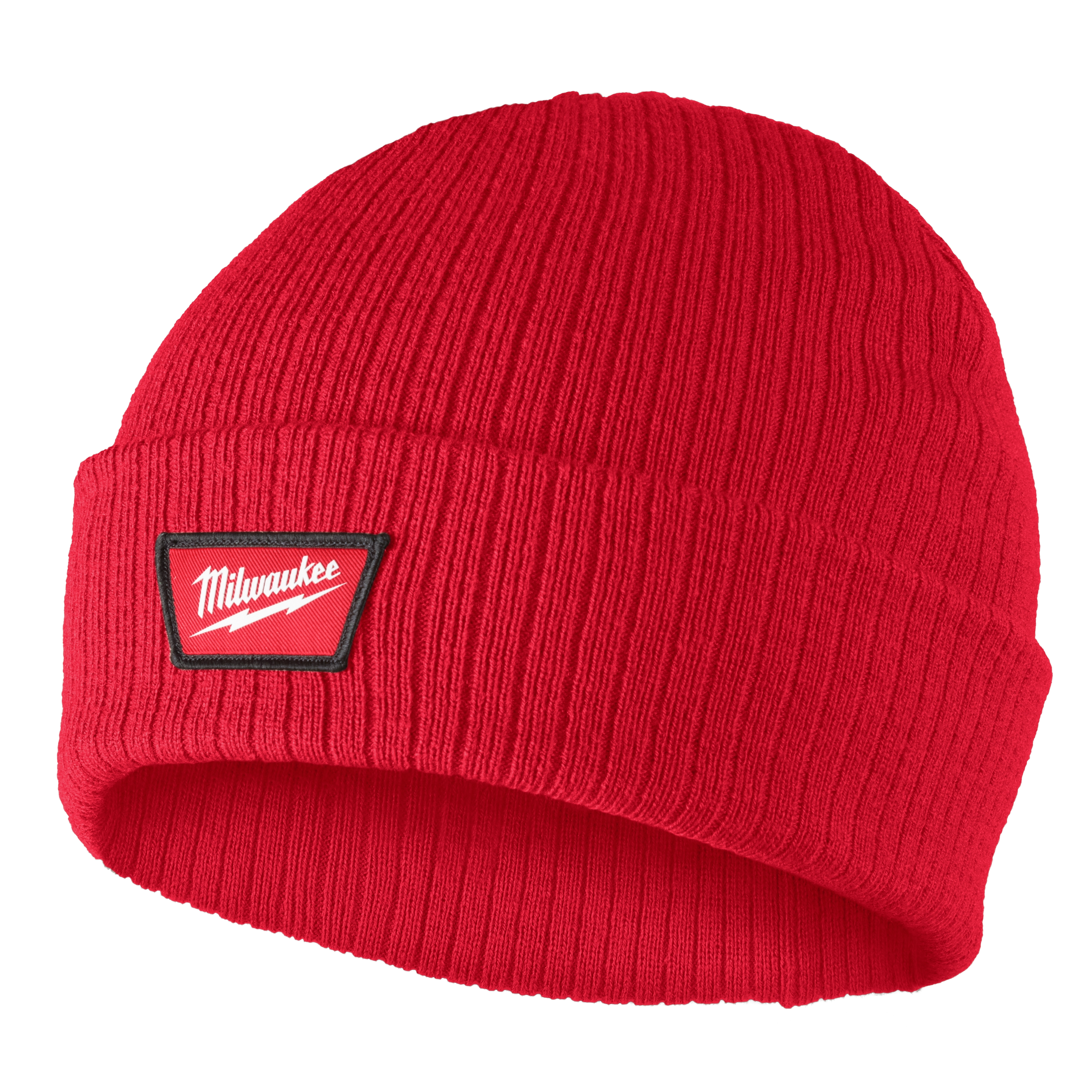 Rib-Knit Cuffed Beanie - Red, made of ribbed fabric, features a folded cuff with a Milwaukee logo patch in the center.