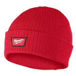 Rib-Knit Cuffed Beanie - Red, made of ribbed fabric, features a folded cuff with a Milwaukee logo patch in the center.