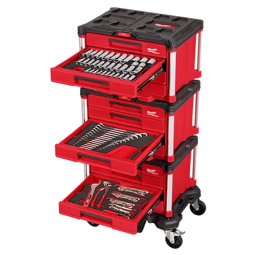 The image shows a 366pc. Master Mechanics Hand Tool Set with PACKOUT™ Drawers and Dolly. The set includes various tools organized neatly in red drawers on a rolling dolly.