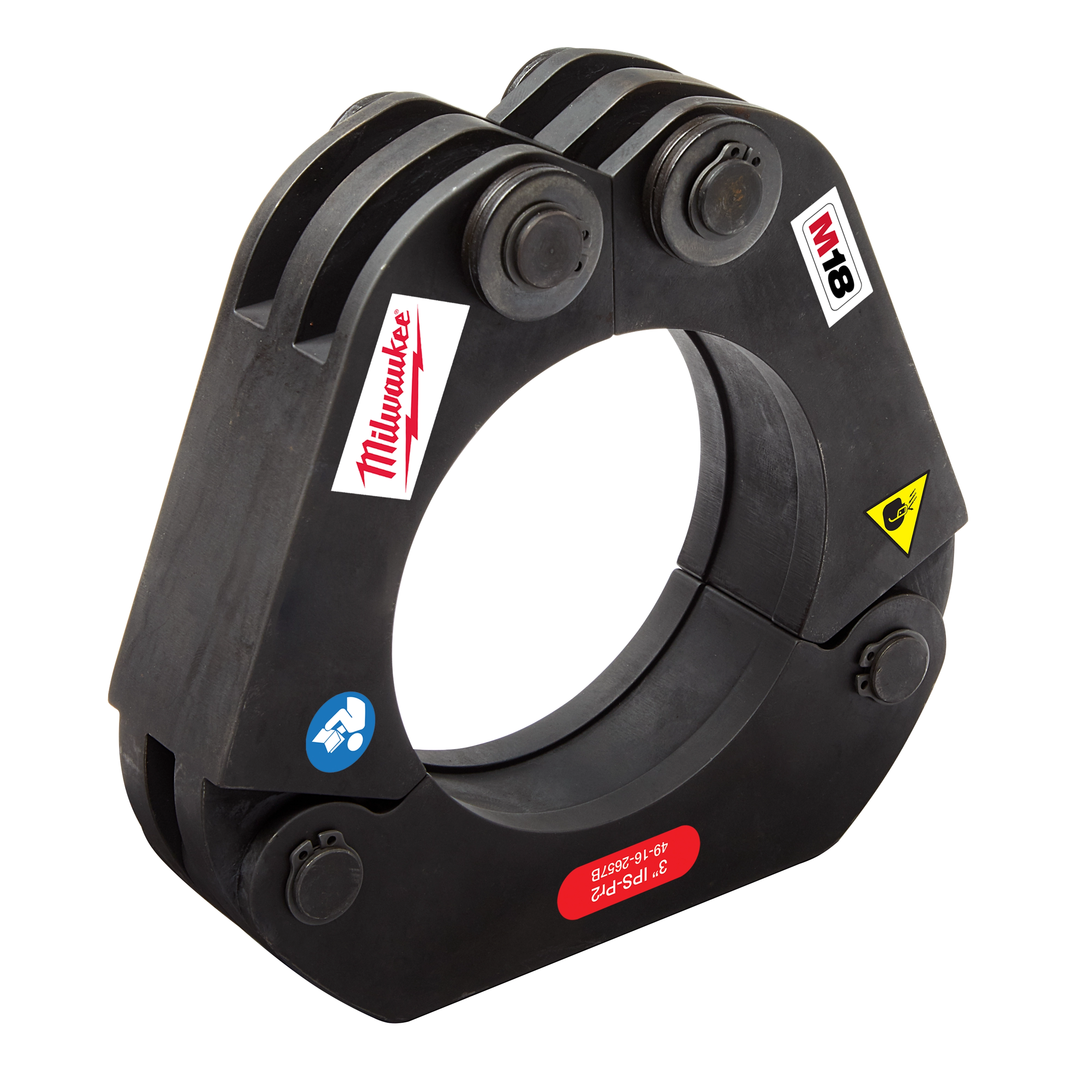 3” IPS XL Ring for M18 FORCE LOGIC Long Throw Press Tool, a heavy-duty black ring accessory used for press tools, branded with "Milwaukee" and "M18" labels.