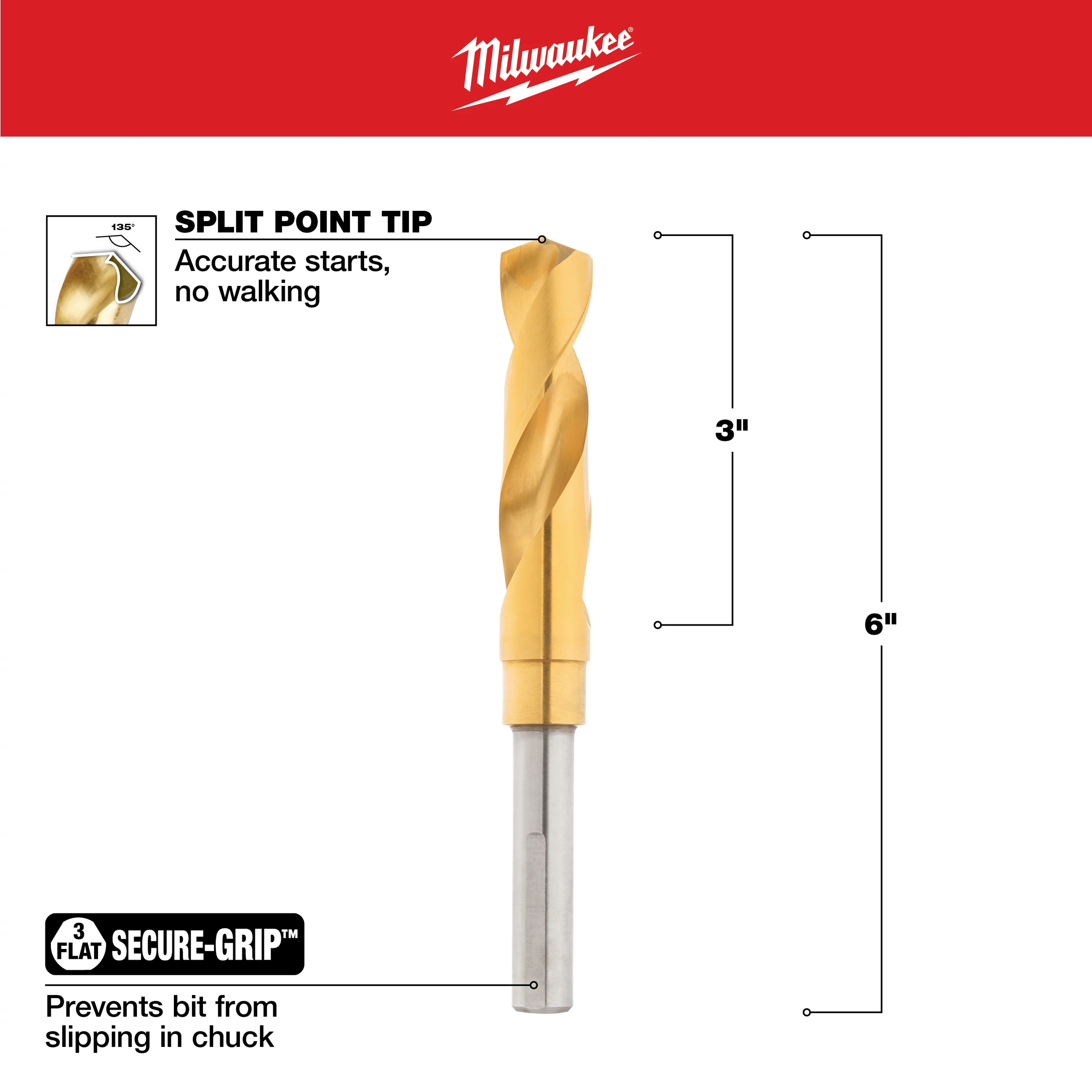 Milwaukee 3/4 in. Titanium Silver and Deming Drill Bit with a split point tip for accurate starts and a secure-grip to prevent slipping. The bit measures 6 inches in length with a 3-inch titanium-coated section.