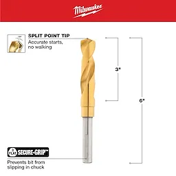 Milwaukee 3/4 in. Titanium Silver and Deming Drill Bit with a split point tip for accurate starts and a secure-grip to prevent slipping. The bit measures 6 inches in length with a 3-inch titanium-coated section.