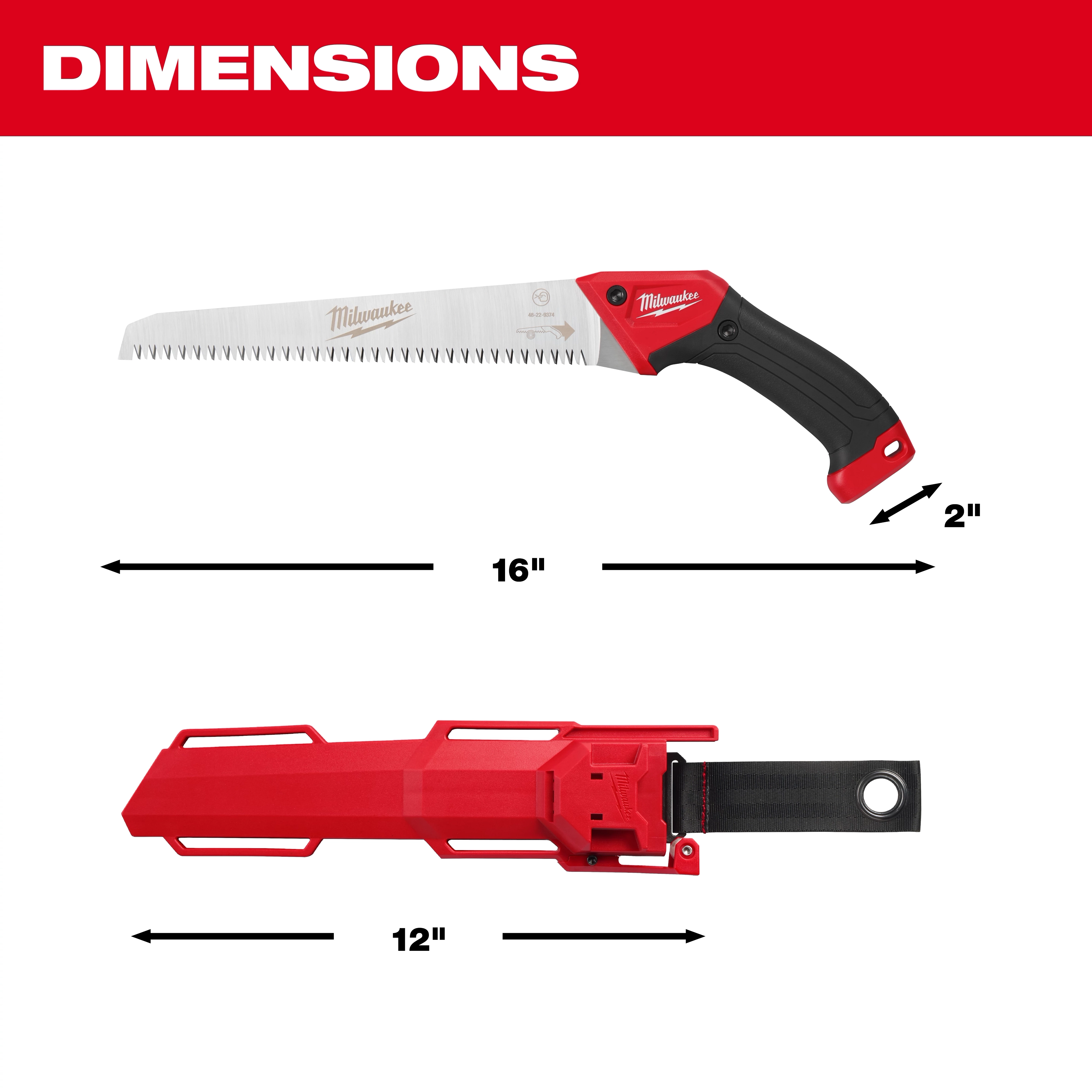 10” Fixed Pruning Saw – Straight Blade with sheath, showing 16" saw length, 2" height, and 12" sheath length.