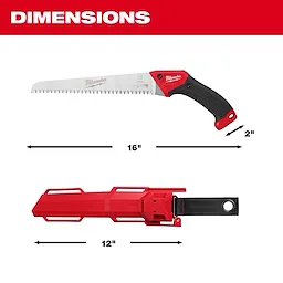 10” Fixed Pruning Saw – Straight Blade with sheath, showing 16" saw length, 2" height, and 12" sheath length.