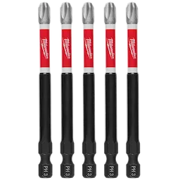 Image of five SHOCKWAVE™ 3-1/2" Impact Phillips #3 Power Bits (5 PK) aligned vertically. Each bit has a red and white label with the Milwaukee logo and black hexagonal shank ends labeled "PH 3."
