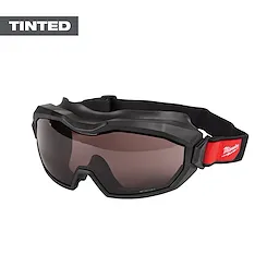 Vented Goggles - Tinted Dual Coat Lens with a black frame, adjustable head strap, and red and black branding on the side.