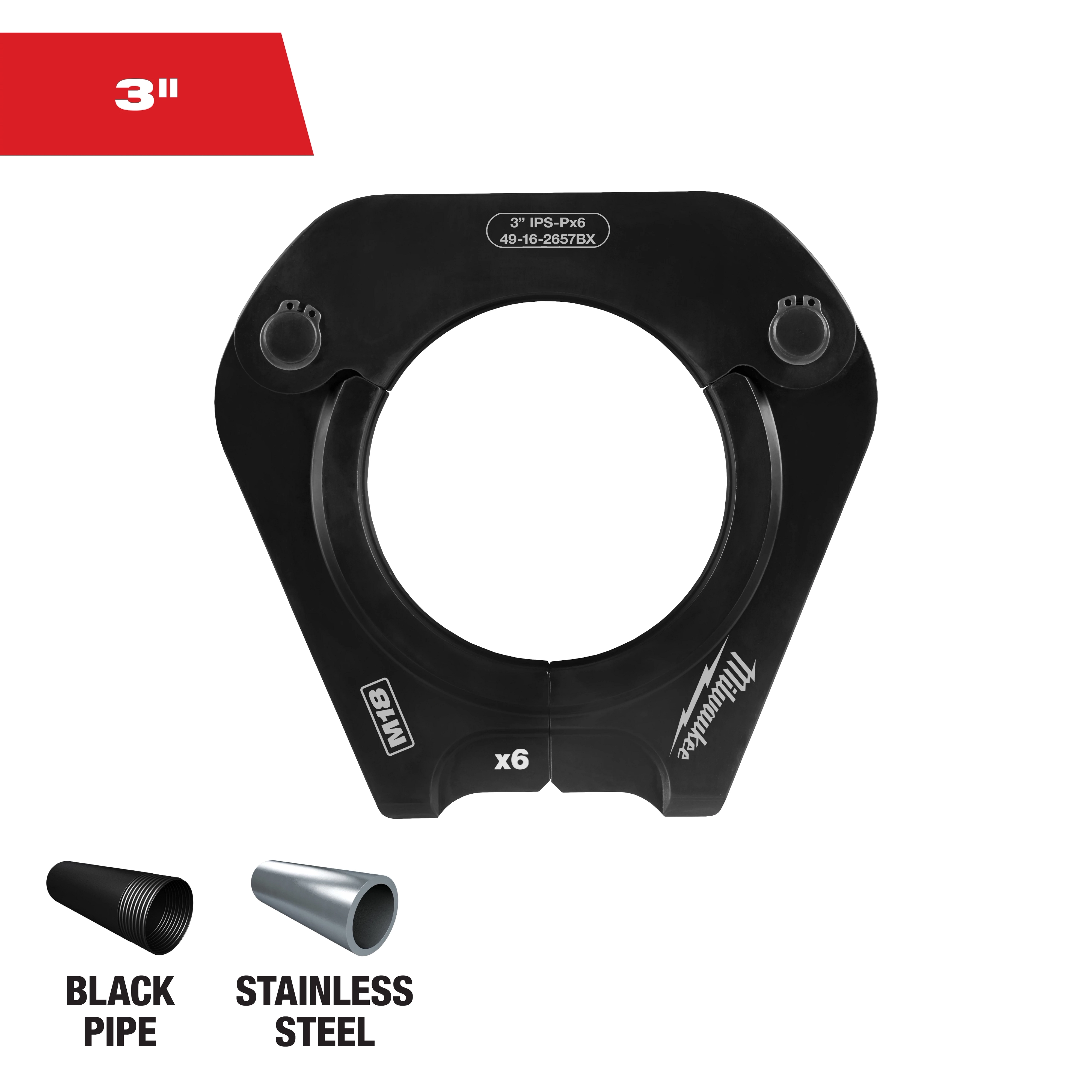This image shows a Milwaukee 3-inch pipe fitting with icons indicating compatibility with black pipe and stainless steel. The fitting is black with markings specifying 3" IPS-Px6.
