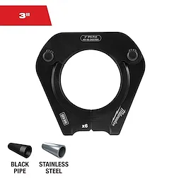 This image shows a Milwaukee 3-inch pipe fitting with icons indicating compatibility with black pipe and stainless steel. The fitting is black with markings specifying 3" IPS-Px6.