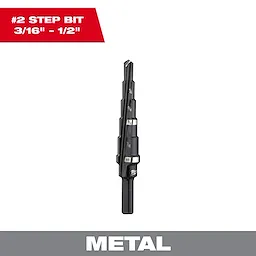 48-89-9202 Black Oxide Step Bit, for metal, sizes 3/16" to 1/2". Image includes text "#2 Step Bit, 3/16" - 1/2".