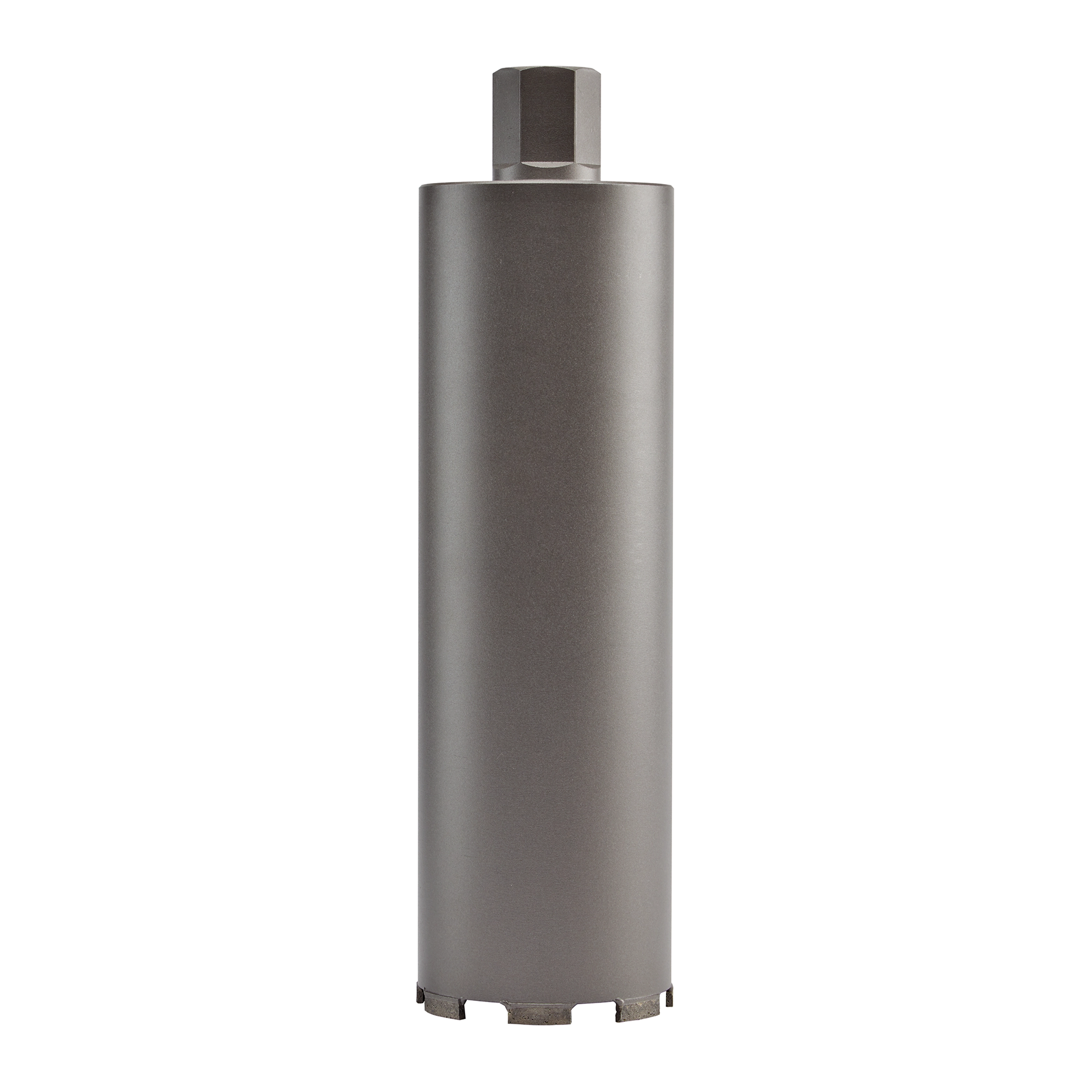 3-1/2" - 6" Diamond Ultra Dry Core Bit Block Shot is a cylindrical cutting tool with a hexagonal shank and diamond segments.