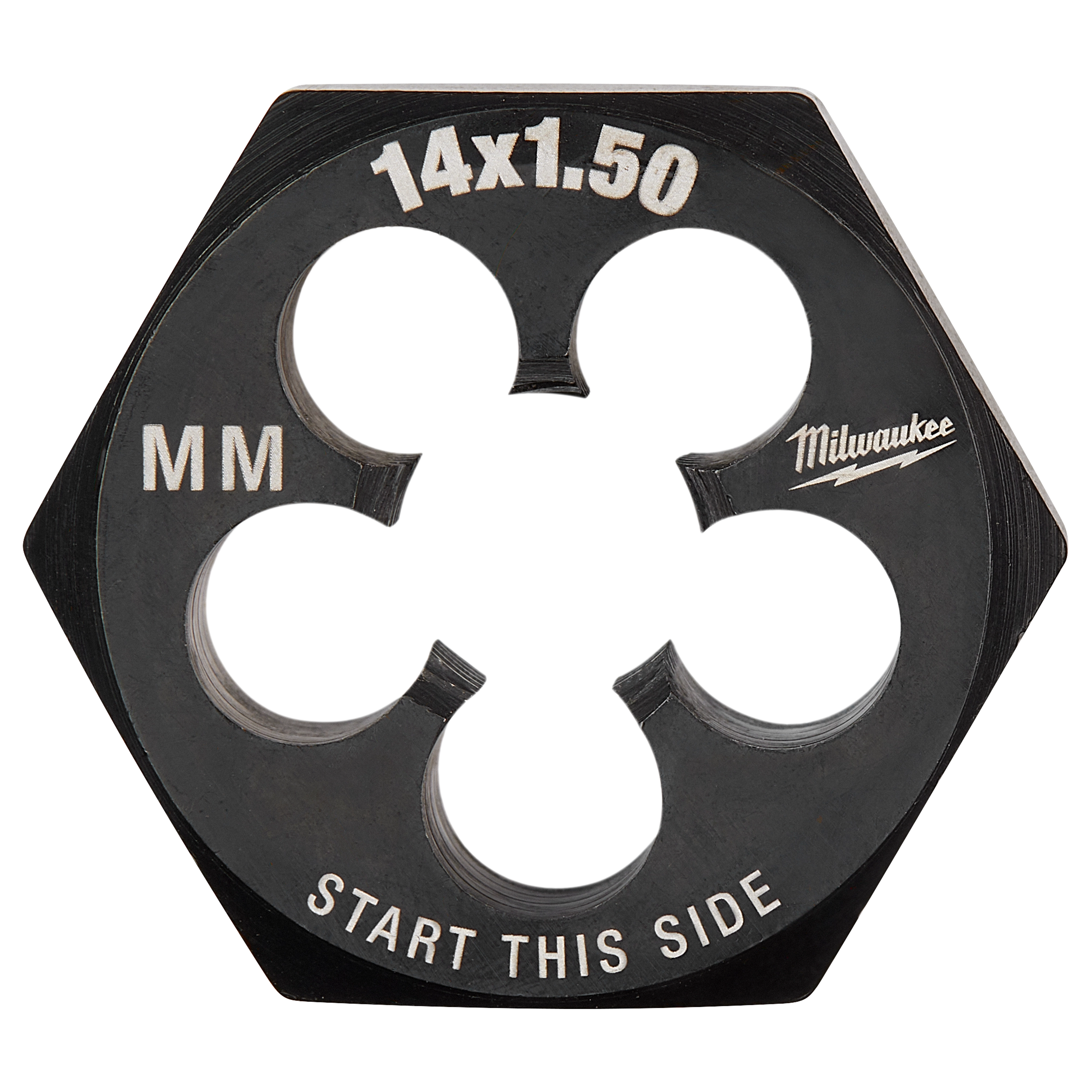 Milwaukee M14-1.50 mm 1-7/16” hex threading die, black with silver text, and "Start This Side" instruction at the bottom.