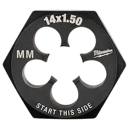 Milwaukee M14-1.50 mm 1-7/16” hex threading die, black with silver text, and "Start This Side" instruction at the bottom.