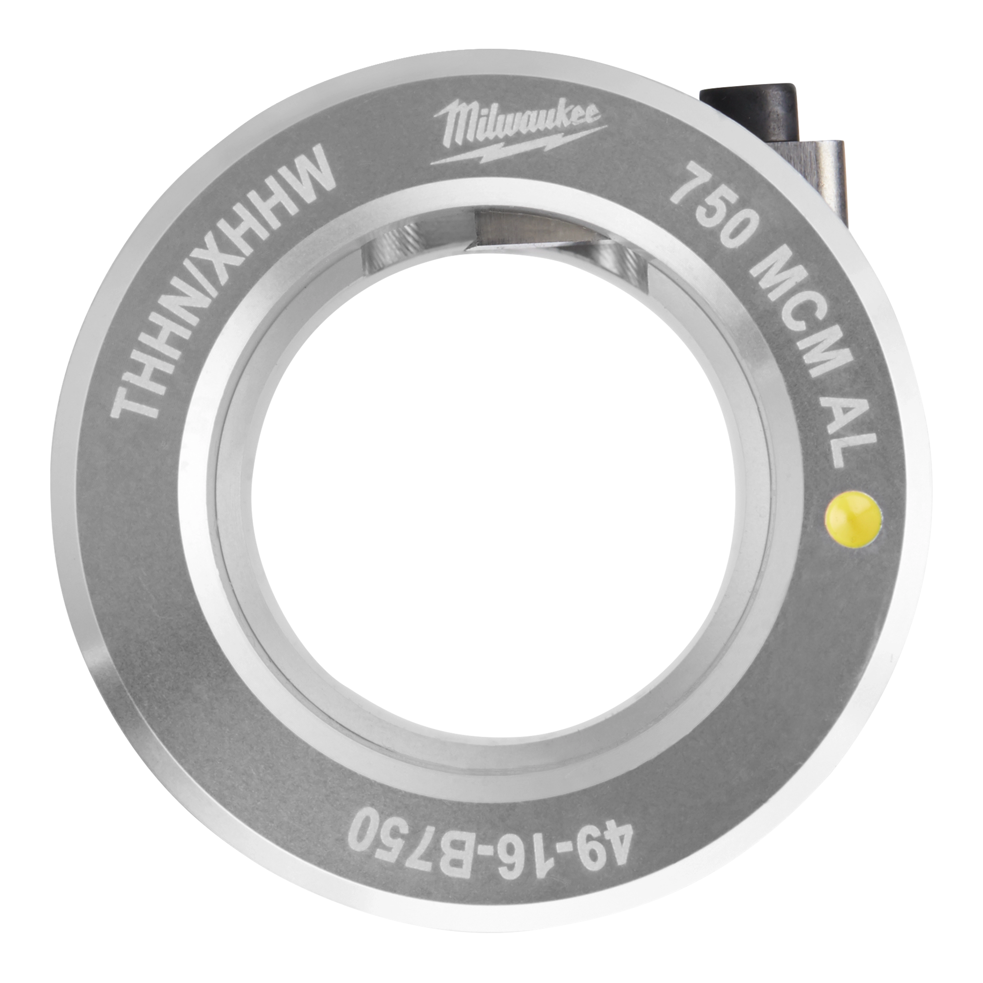 Milwaukee THHNXHHW 750 MCM AL cable cutter die with serial number 49-16-B750, featuring a grey metallic circular design.