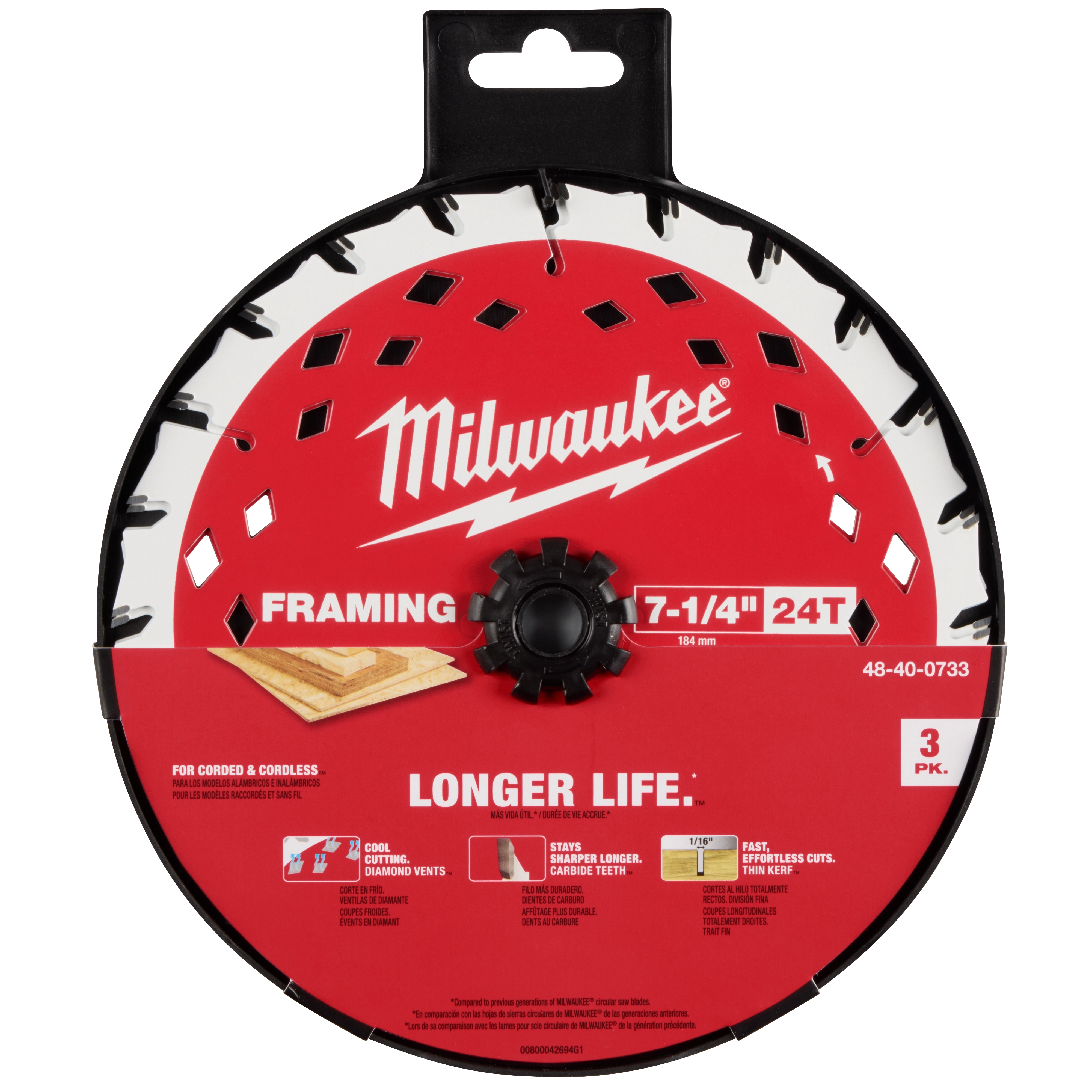 Red and black Milwaukee 7-1/4" 24T Framing Circular Saw Blade 3PK with features listed for performance, longevity, and compatible use.