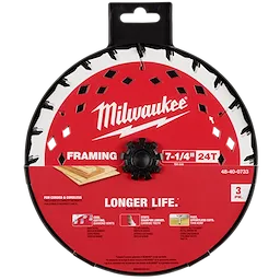 Red and black Milwaukee 7-1/4" 24T Framing Circular Saw Blade 3PK with features listed for performance, longevity, and compatible use.