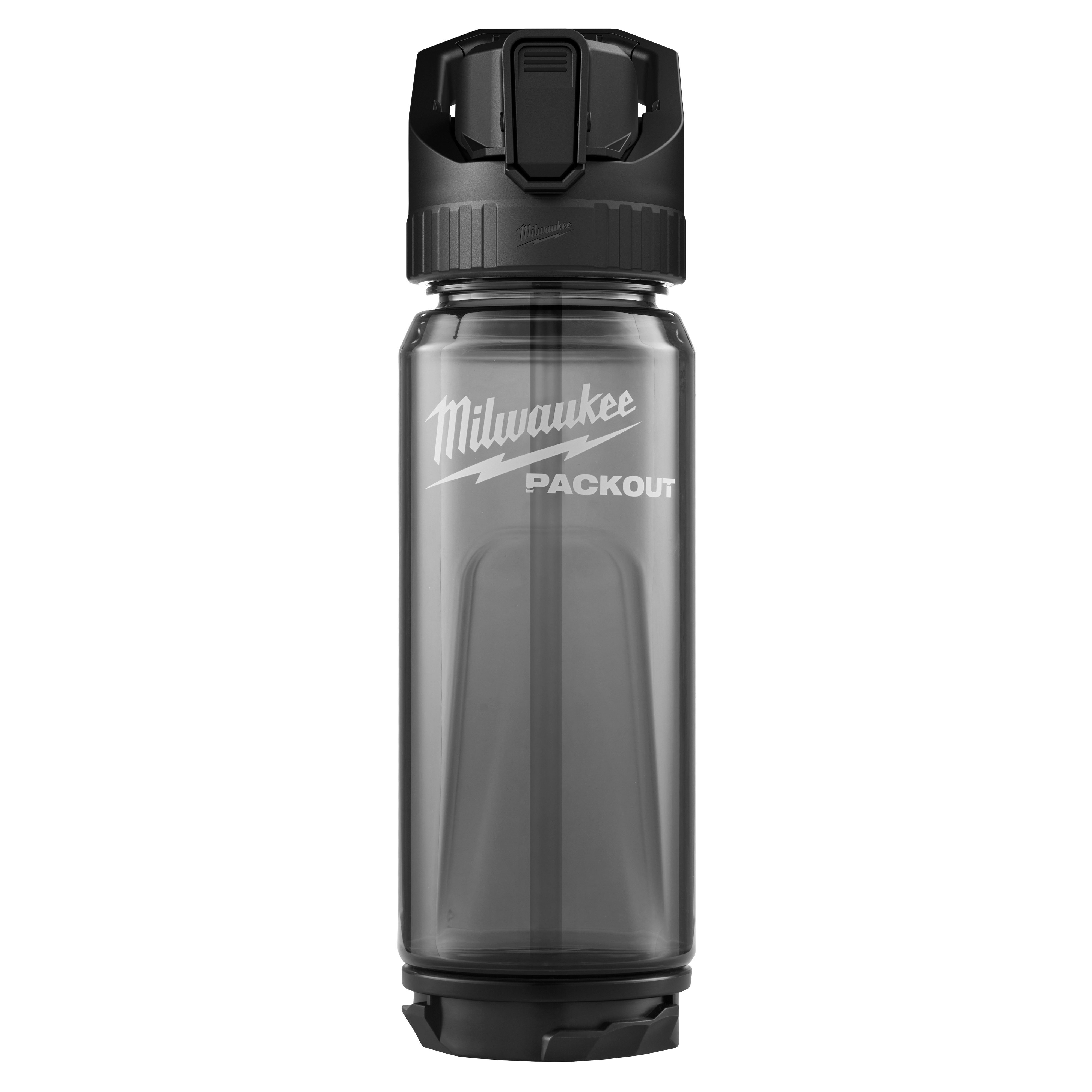PACKOUT 25oz Bottle with Straw Lid standing upright with a dark lid and transparent body on a plain background.