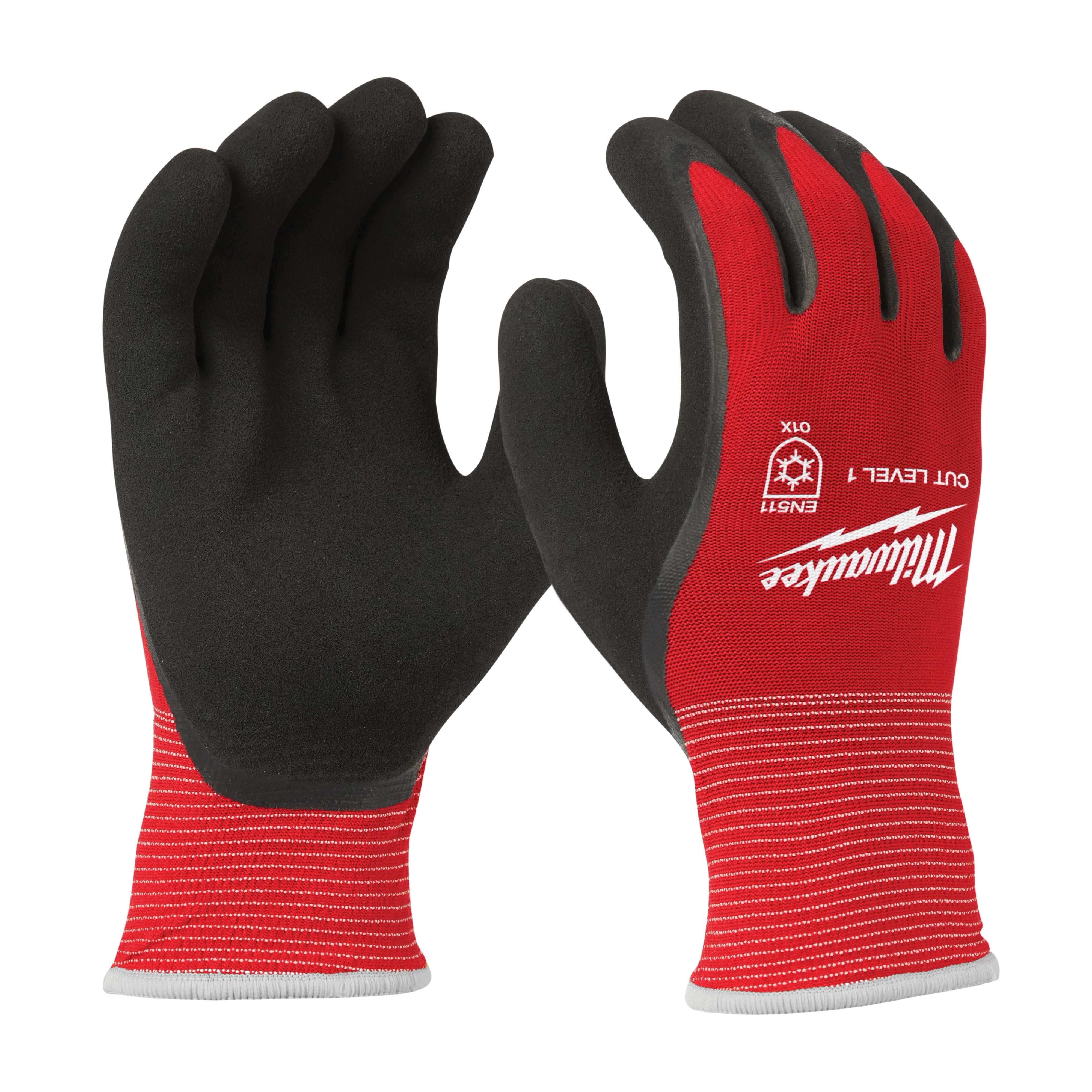 Milwaukee Cut Level 1 gloves feature a black palm and fingers with a red and black back, displaying the Milwaukee logo and safety markings.