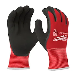 Milwaukee Cut Level 1 gloves feature a black palm and fingers with a red and black back, displaying the Milwaukee logo and safety markings.