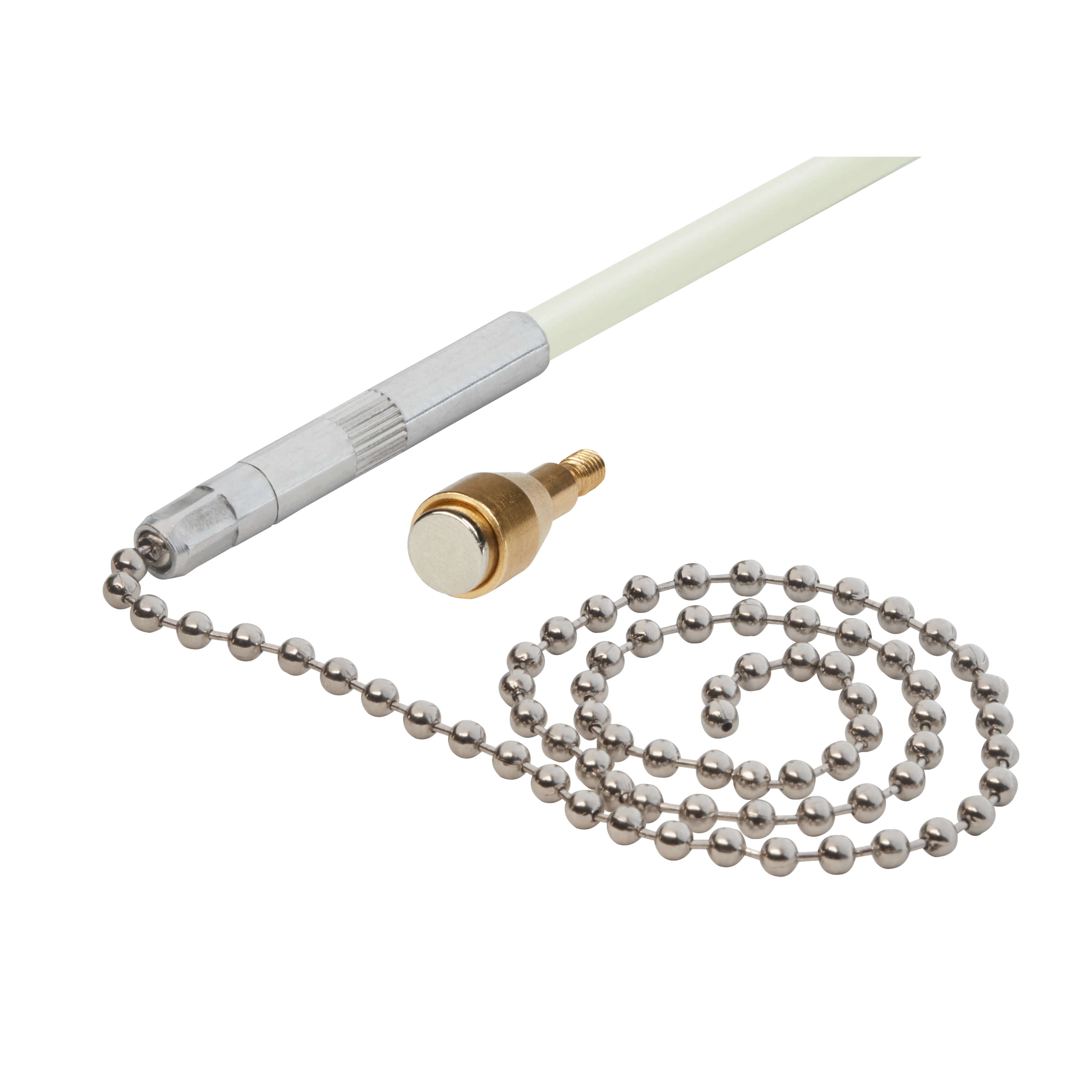 Magnet & Chain Fish Stick Tip Accessory includes a long, slim, white rod with a silver tip, a brass attachment, and a metal bead chain used for retrieving or guiding wires in tight spaces.