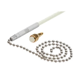 Magnet & Chain Fish Stick Tip Accessory includes a long, slim, white rod with a silver tip, a brass attachment, and a metal bead chain used for retrieving or guiding wires in tight spaces.