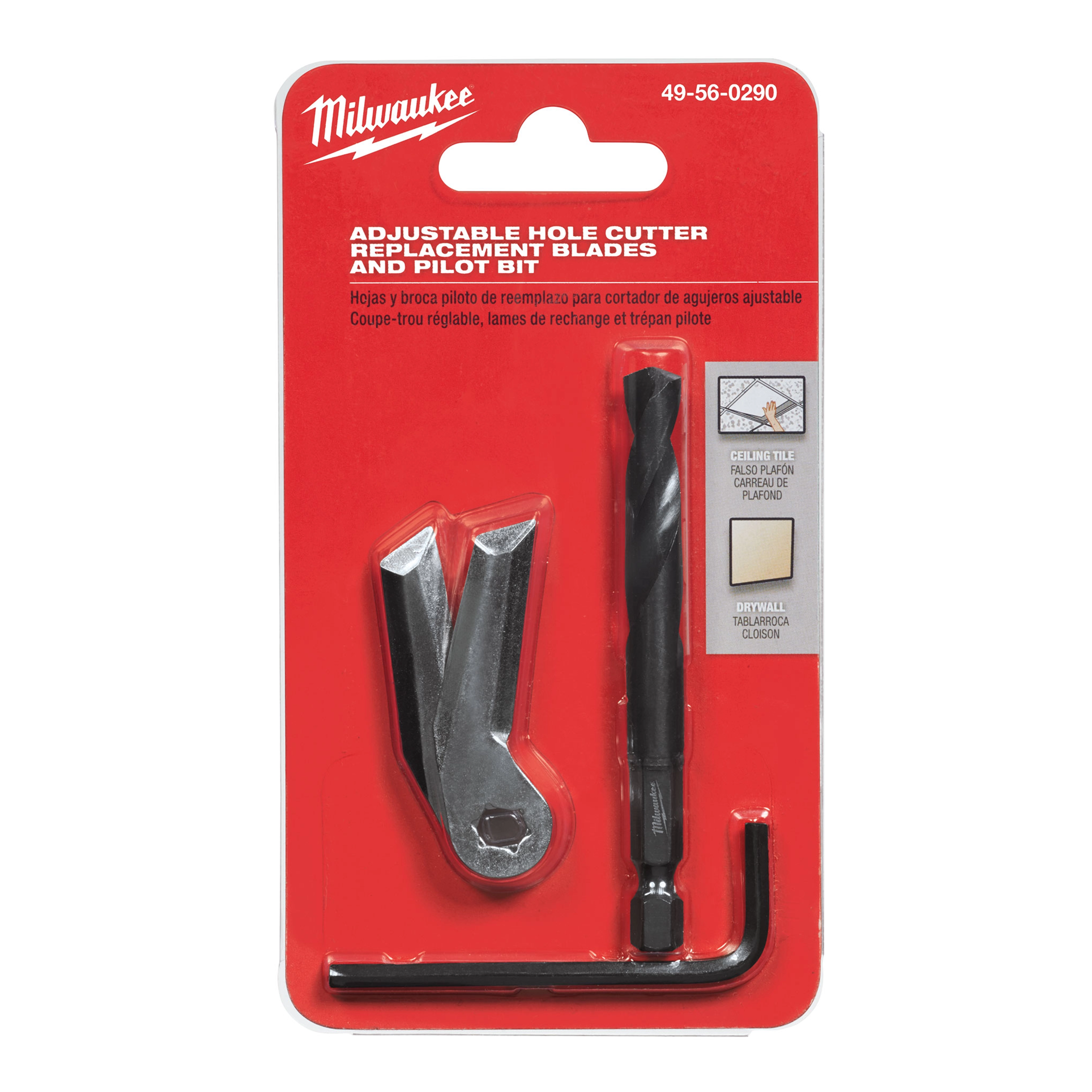 Adjustable Hole Cutter Replacement Blades and Pilot Bit set on a red card. Includes two blades, one pilot bit, and an Allen key.