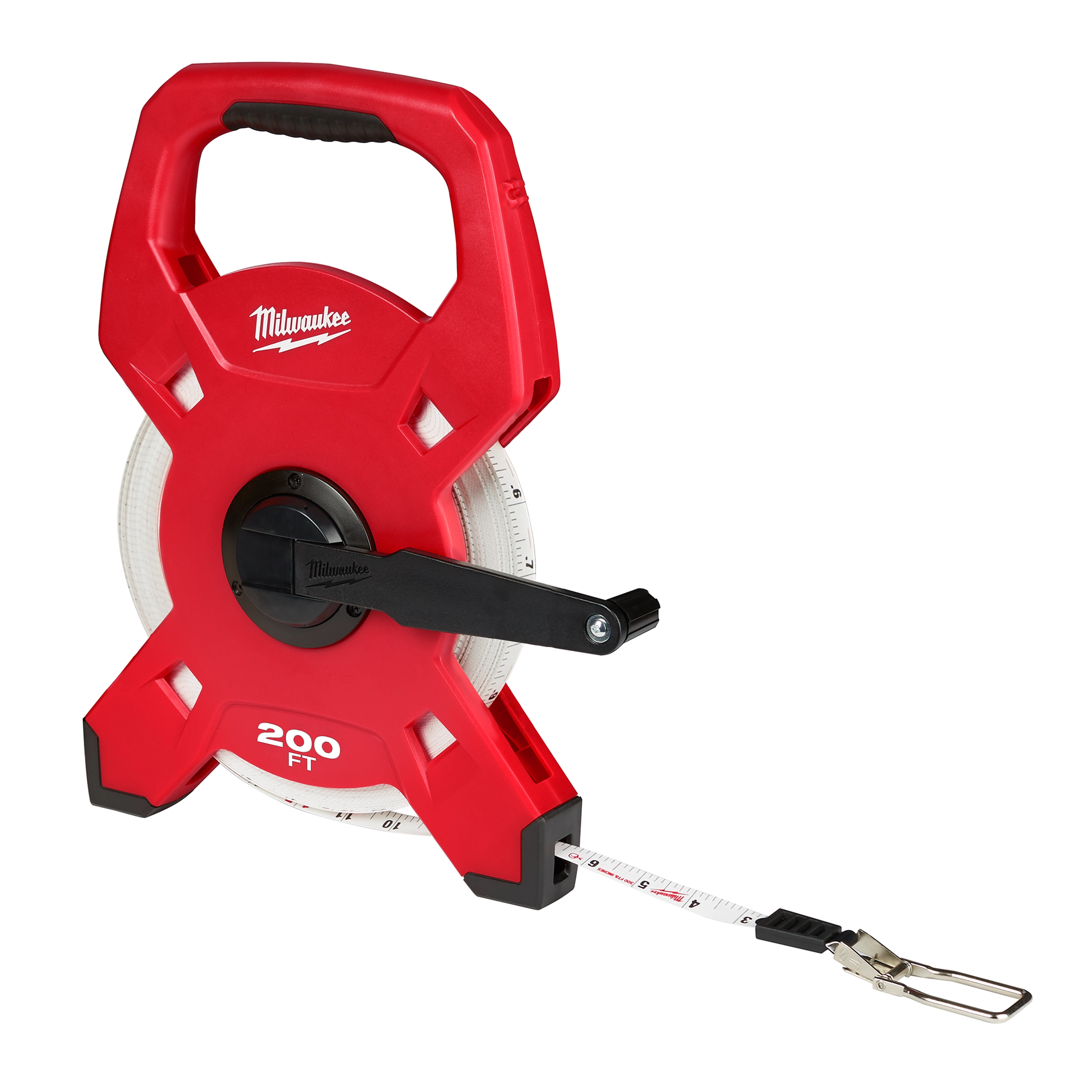 Red 200ft Fiberglass Long Tape in a plastic case with a handle and a winding crank. The tape end has a hook clip.