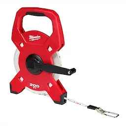 Red 200ft Fiberglass Long Tape in a plastic case with a handle and a winding crank. The tape end has a hook clip.