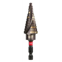 The Impact Step Drill Bit is a cone-shaped metal drill bit that tapers from a fine point to a wider base with multiple steps for varying hole sizes, ranging from 1/16" to 7/8". It features engraved size markings and a hex shank with a red band for secure attachment.