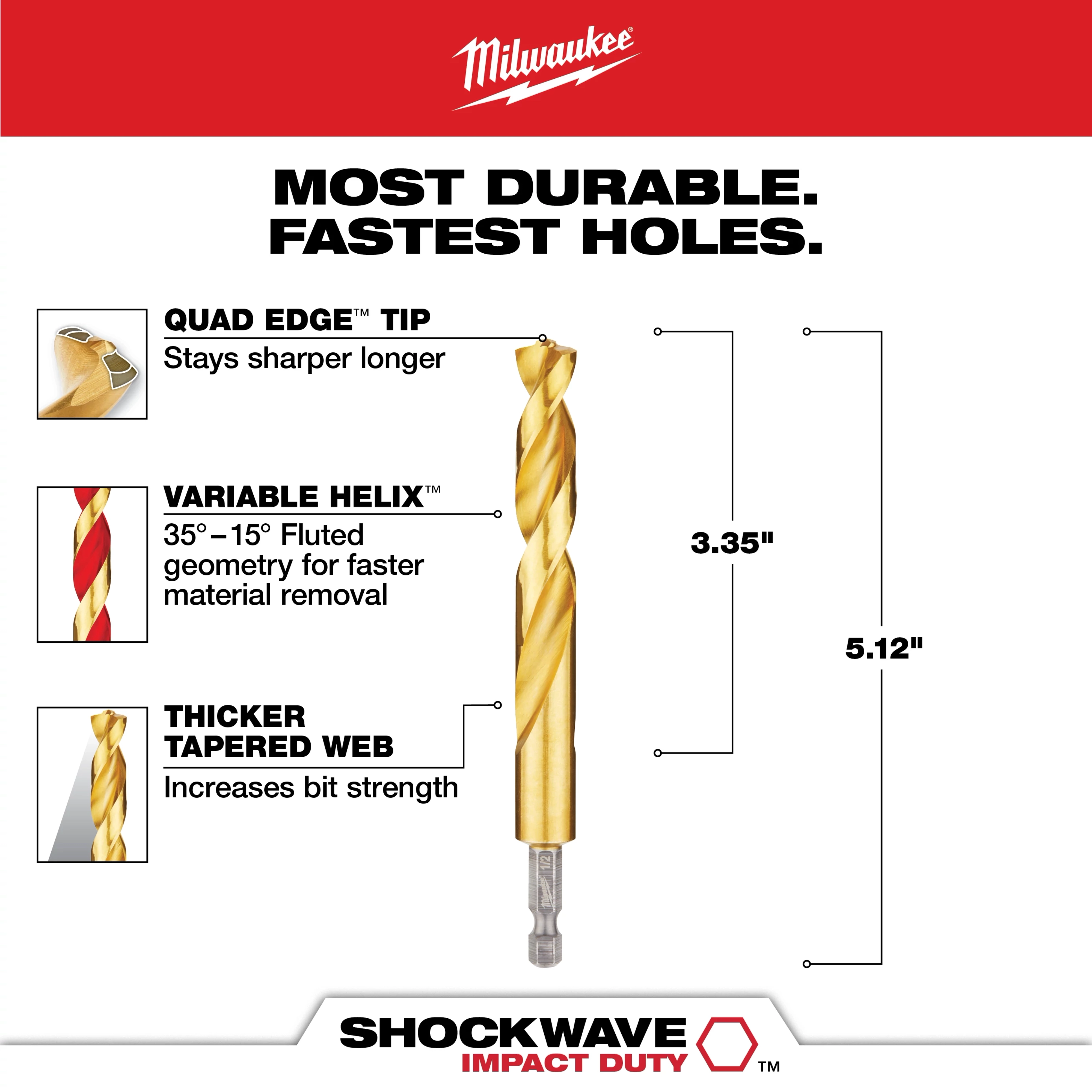 The SHOCKWAVE 1/2 in. Titanium Twist Drill Bit features a quad edge tip for longer sharpness, variable helix for faster material removal, and thicker tapered web for enhanced strength. It measures 3.35 inches in length and 5.12 inches overall, offering durability and speed for drilling tasks.