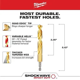 The SHOCKWAVE 1/2 in. Titanium Twist Drill Bit features a quad edge tip for longer sharpness, variable helix for faster material removal, and thicker tapered web for enhanced strength. It measures 3.35 inches in length and 5.12 inches overall, offering durability and speed for drilling tasks.