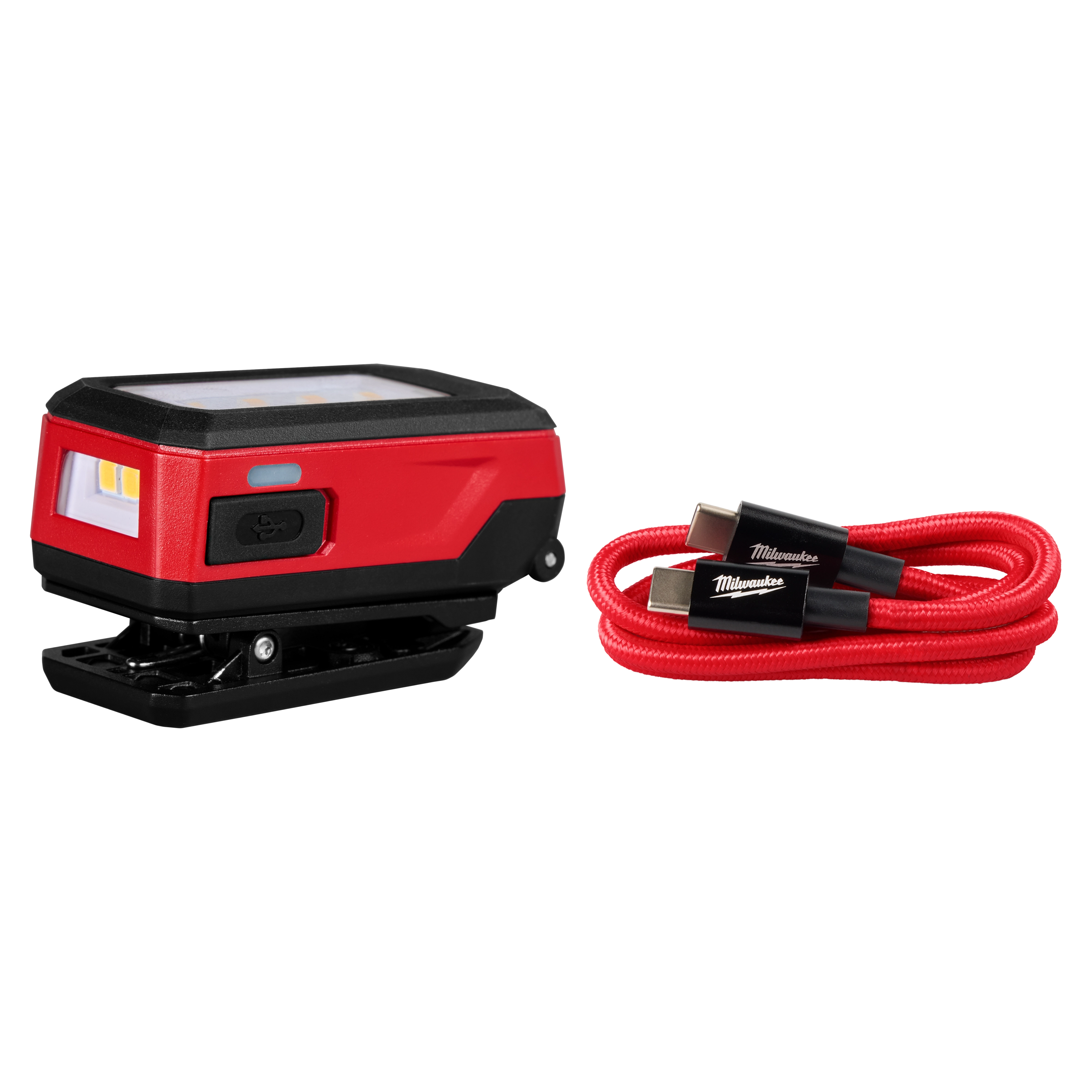 Milwaukee Rechargeable Clip Light in red and black with an attached clip, alongside a red braided USB charging cable.