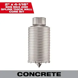 SDS-MAX and SPLINE Thick Wall Carbide Tipped Core Bit 2", designed for concrete drilling. Measures 2" in diameter by 4-1/16" in length.
