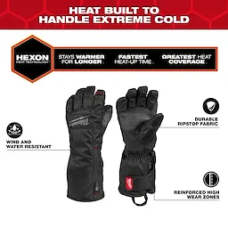 Heated Winter Gloves with Hexon Heat Technology are shown, designed for extreme cold. They feature durable ripstop fabric, reinforced high wear zones, are wind and water resistant, and are washer and dryer safe. The gloves promise long-lasting warmth and fast heat-up time.