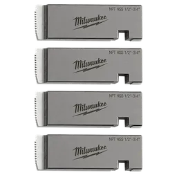 Milwaukee 1/2"-3/4" High Speed for Stainless NPT Universal Pipe Threading Dies, four dies aligned vertically, showing engraved text.