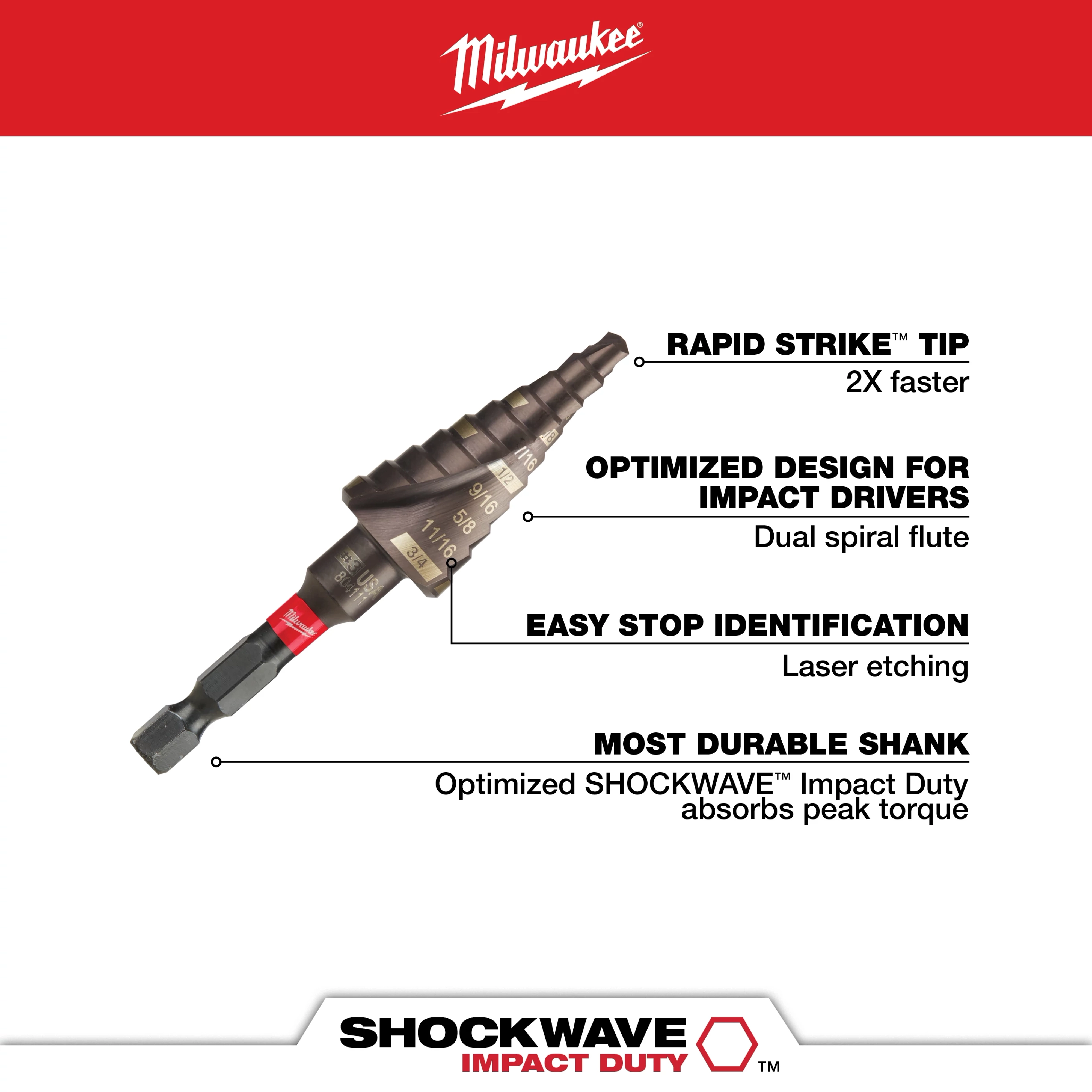 3/16 in. - 3/4 in. #3 Shockwave Impact Duty Titanium Step Bit features include Rapid Strike tip for faster operation, optimized design for impact drivers with dual spiral flutes, easy stop identification via laser etching, and an optimized shank that absorbs peak torque for durability.
