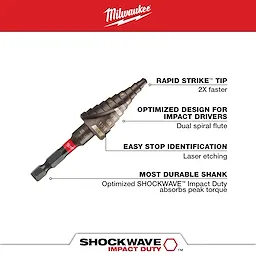 3/16 in. - 3/4 in. #3 Shockwave Impact Duty Titanium Step Bit features include Rapid Strike tip for faster operation, optimized design for impact drivers with dual spiral flutes, easy stop identification via laser etching, and an optimized shank that absorbs peak torque for durability.