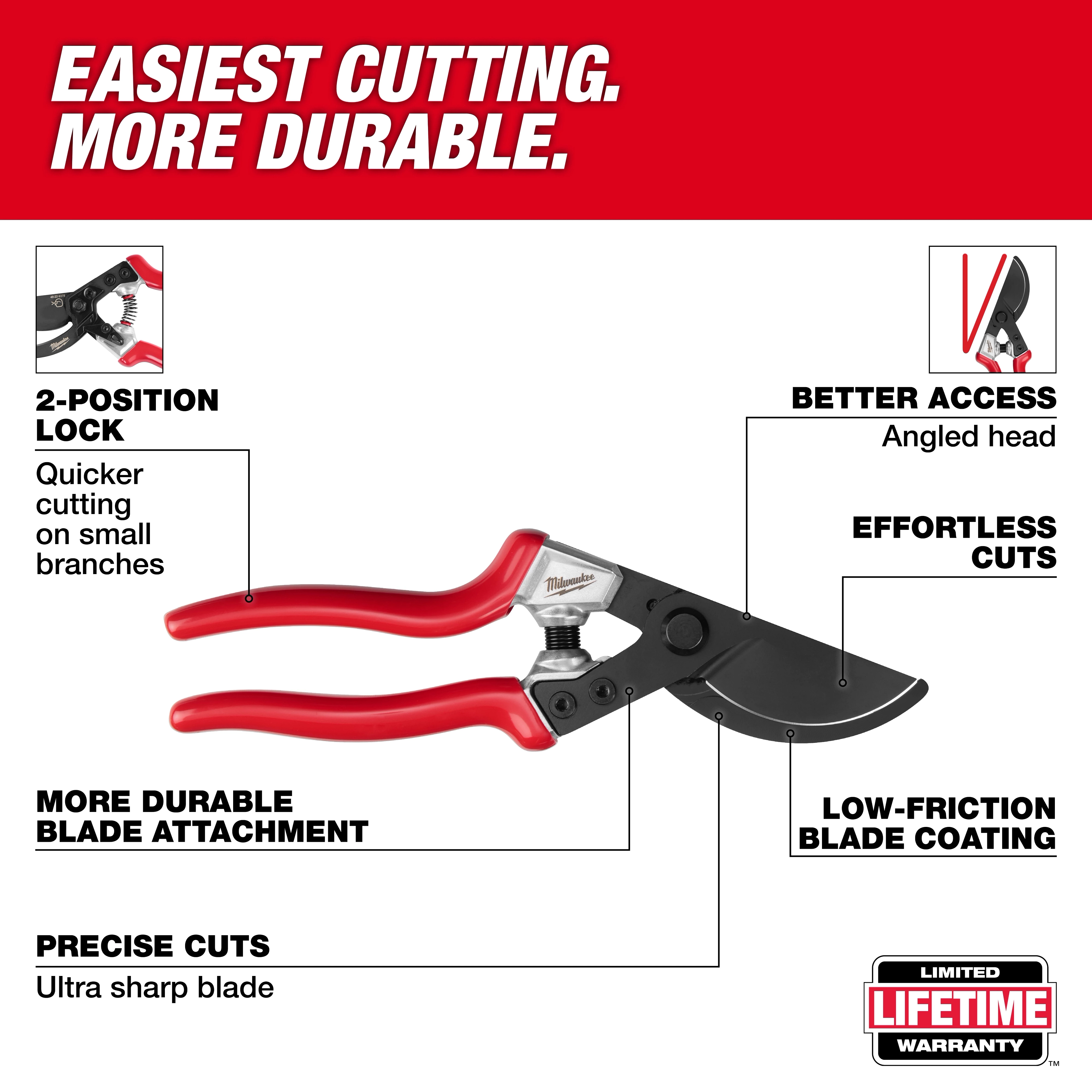 1” Angled Pruner with red handles and black angled blade centered on a white and red text background.