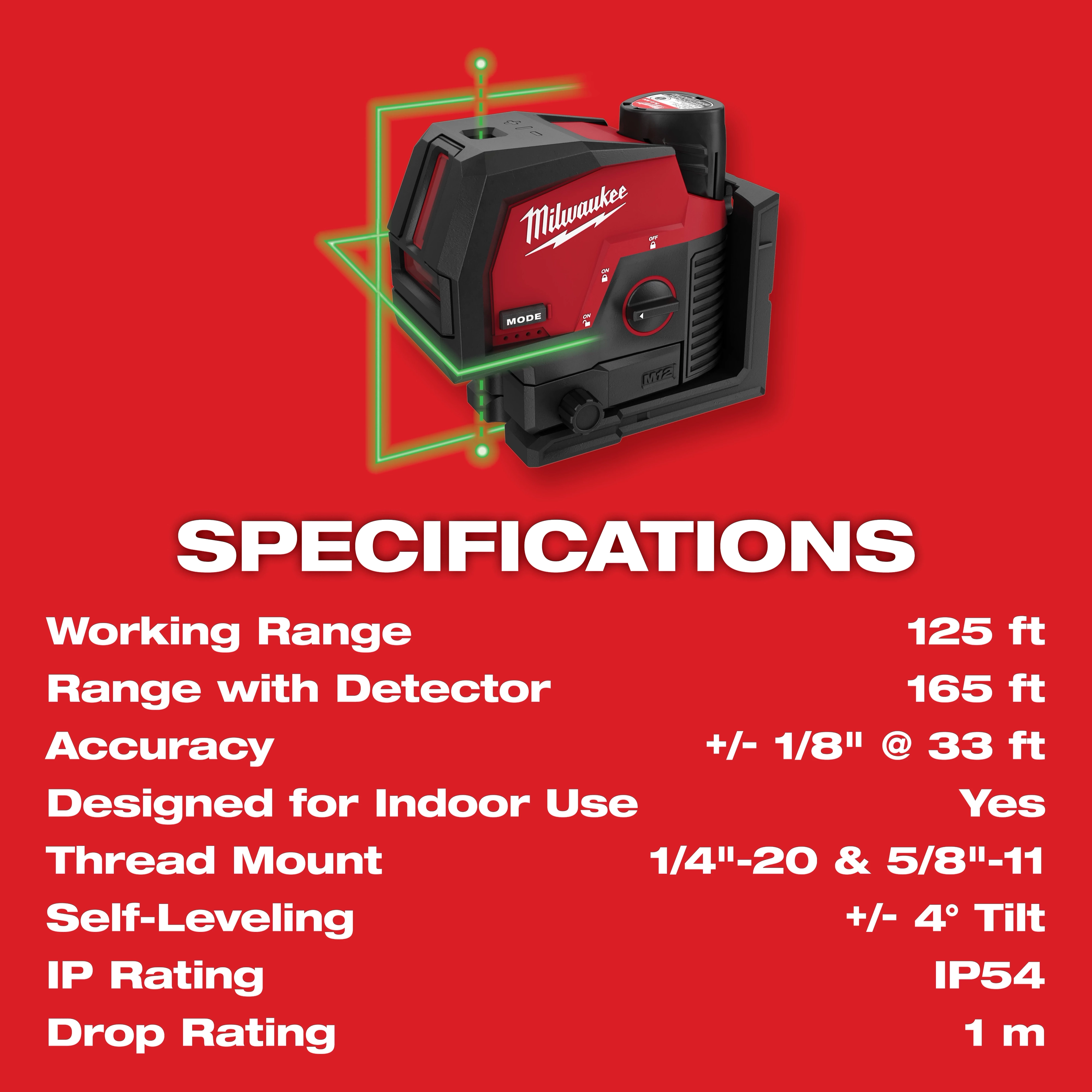 M12™ Green Cross Line & Plumb Points Laser Kit Specs