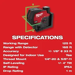 M12™ Green Cross Line & Plumb Points Laser Kit Specs