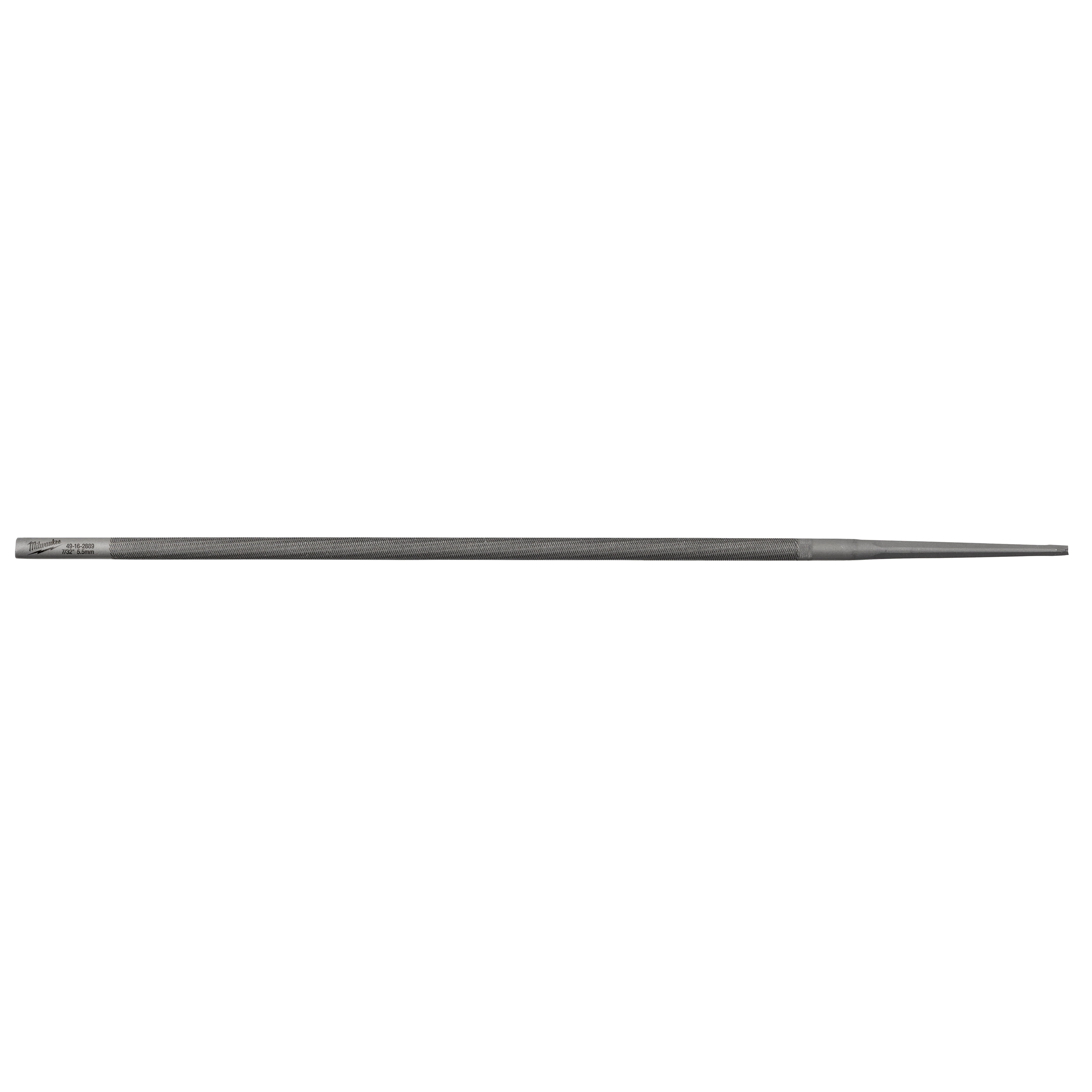 The 7/32" Round File for Saw Chain 6 PK is a cylindrical metal file with finely serrated cutting surfaces designed for sharpening saw chain teeth. It is part of a six-pack set commonly used in maintaining chainsaws. The file has a smooth end for easy handling.