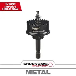 Black 1-1/8" Shockwave Impact Duty Hole Saw for cutting metal, featuring jagged edges and a central drill bit.