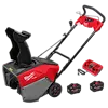 The image shows an M18 FUEL™ 21" Auger Propelled Dual Battery Single Stage Snow Blower in red and gray with a black chute. It includes two batteries and a charger, displayed beside the snow blower.