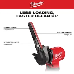 Walkaround image of the Milwaukee Bandfile with the 3/8" x 13" Bandfile Belt highlighting its USPs with the text "Less Loading, Faster Clean Up"