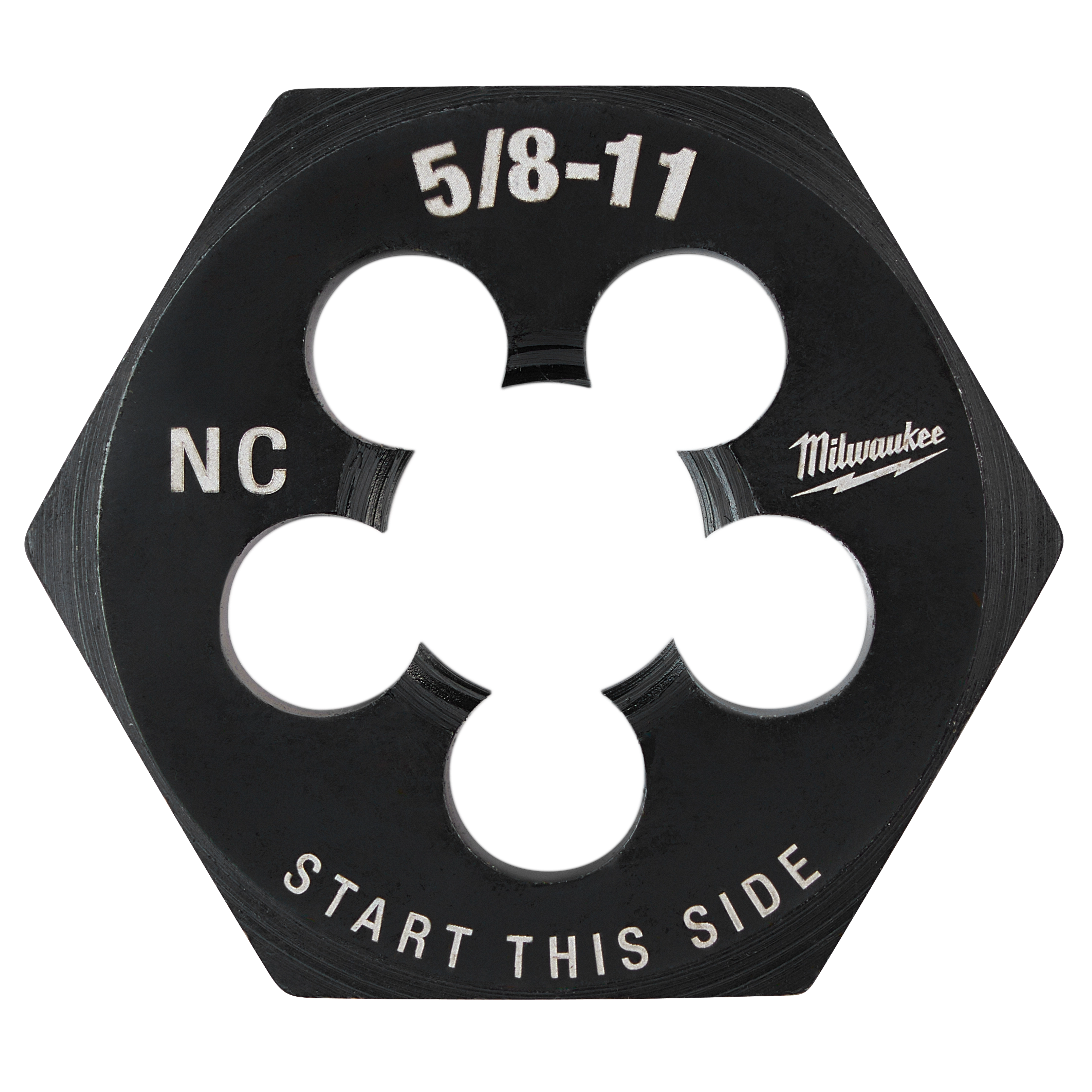 5/8"-11 NC 1-7/16" Hex Threading Die in black with engraved text, including "START THIS SIDE", an identifying brand logo, and threading measurements.